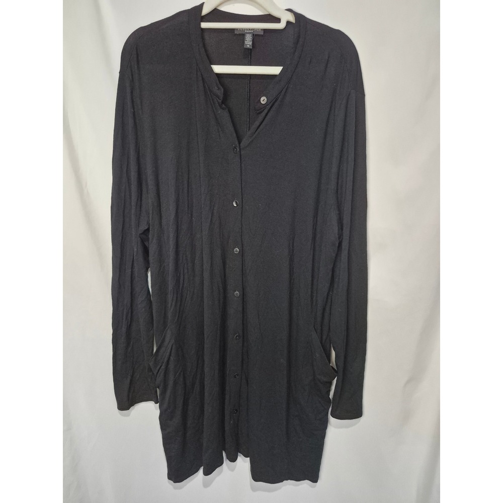 Eileen Fisher Woman Black Viscose Jersey Longline Button Cardigan Pockets 1X